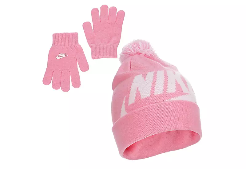 Nike Girls Swoosh Pom Beanie Set - Pink 1 Nike Girls Swoosh Pom Beanie Set - Pink